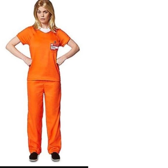 Convict Jailbird Prisoner Halloween Costume 4/6 Orange Top Pants 3 Pc Womens - Picture 1 of 9